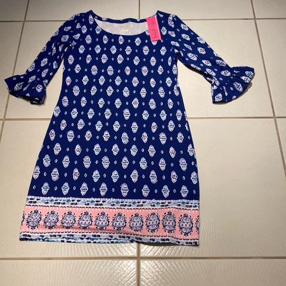 NWT Lilly Pulitzer Sophie Ruffle Dress Lapis Lazuli Glow Up Engineered Dress M - Picture 3 of 7